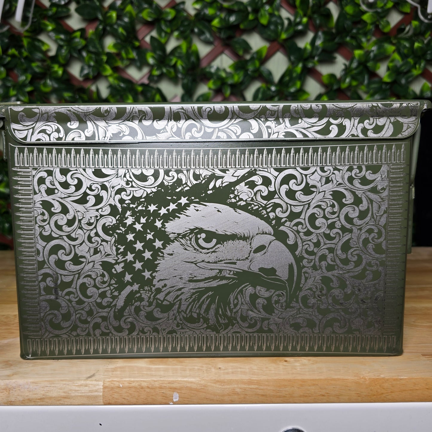 Eagle scroll engraved ammo can 50 cal