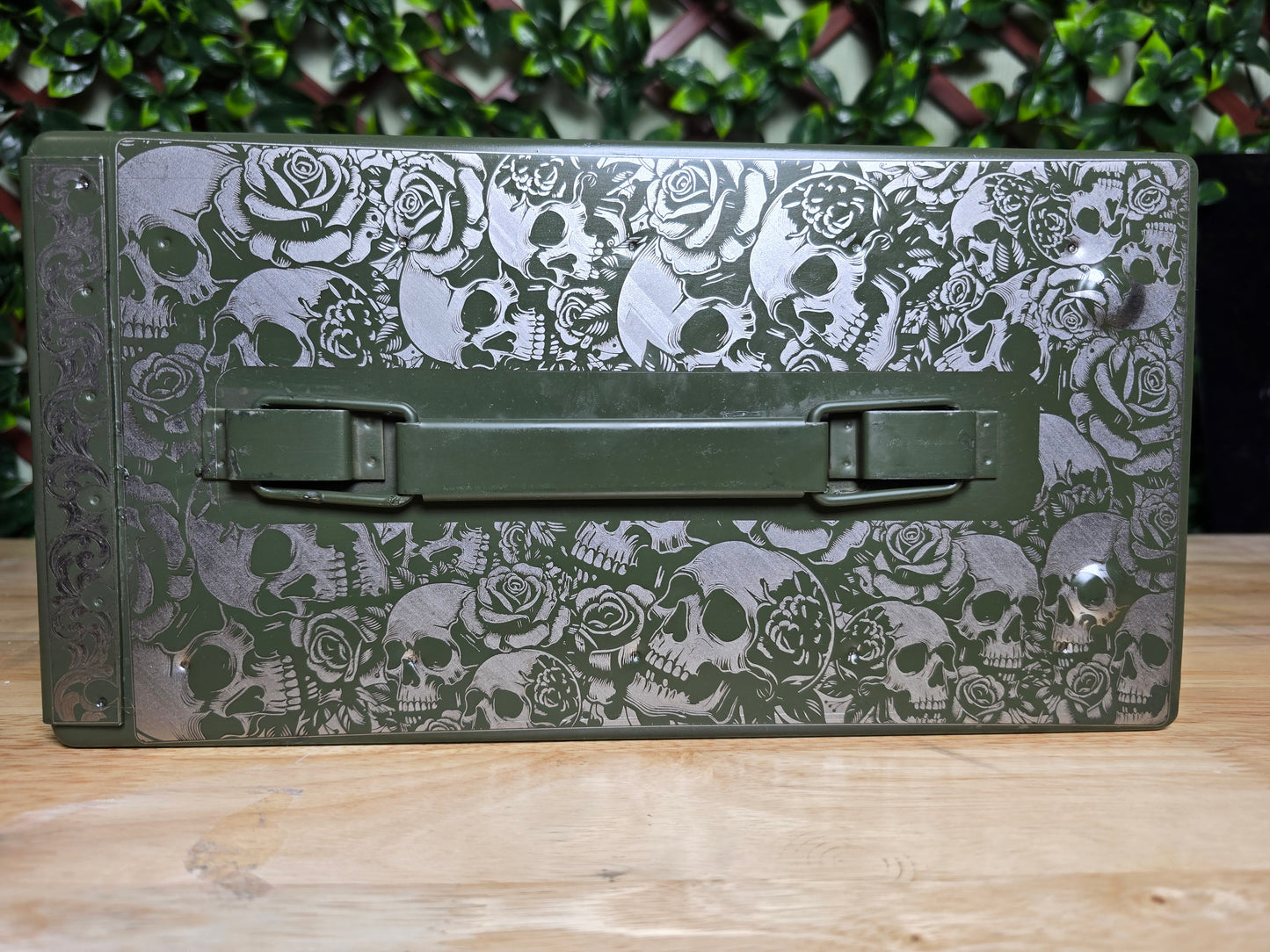 Skull and roses engraved ammo can 50 cal