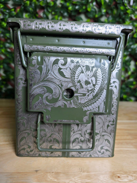 Skull and roses engraved ammo can 50 cal