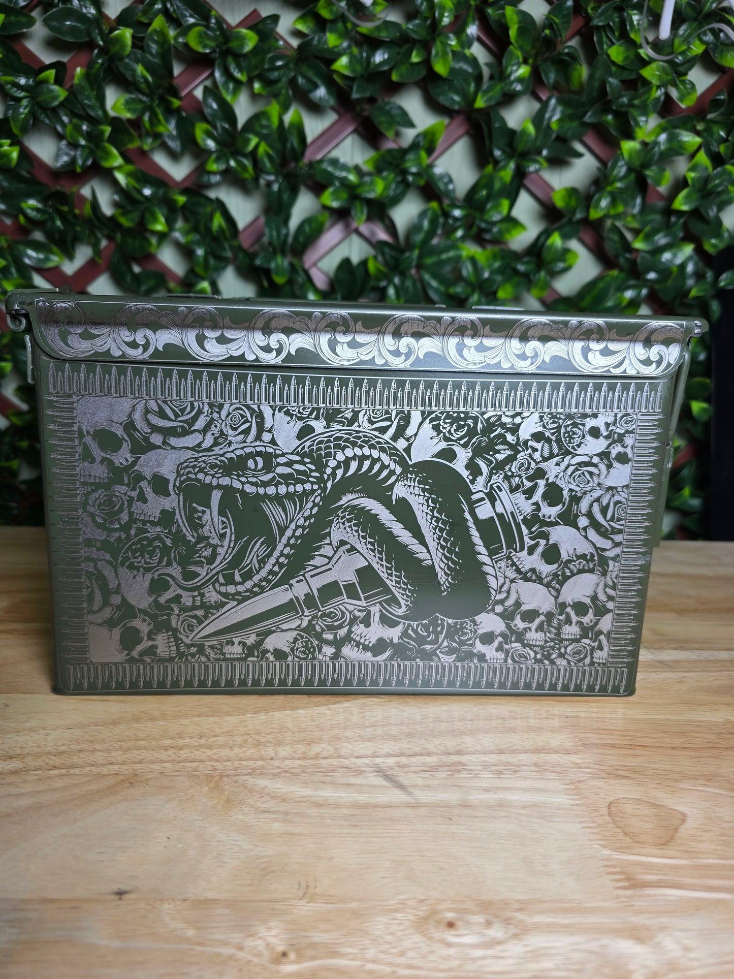Skull and roses engraved ammo can 50 cal