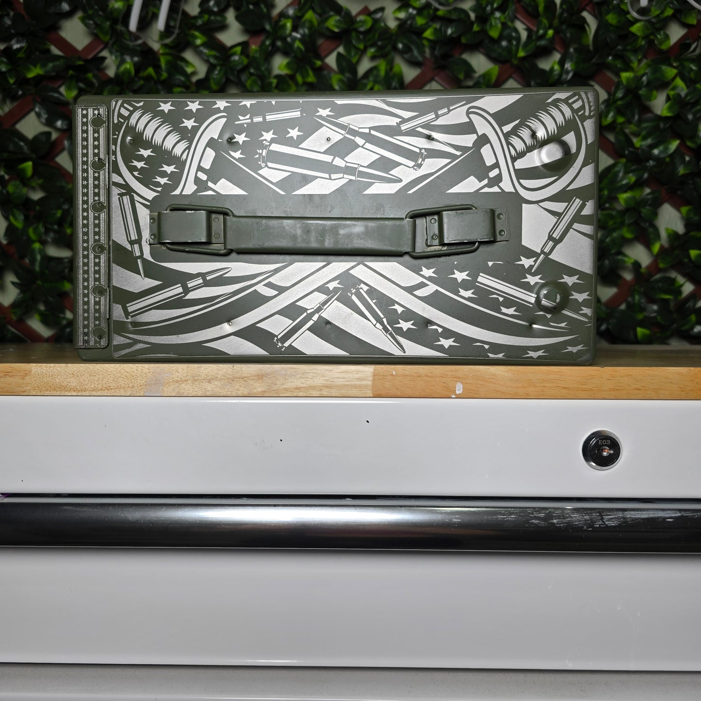 Skull and guns engraved ammo can 50 cal