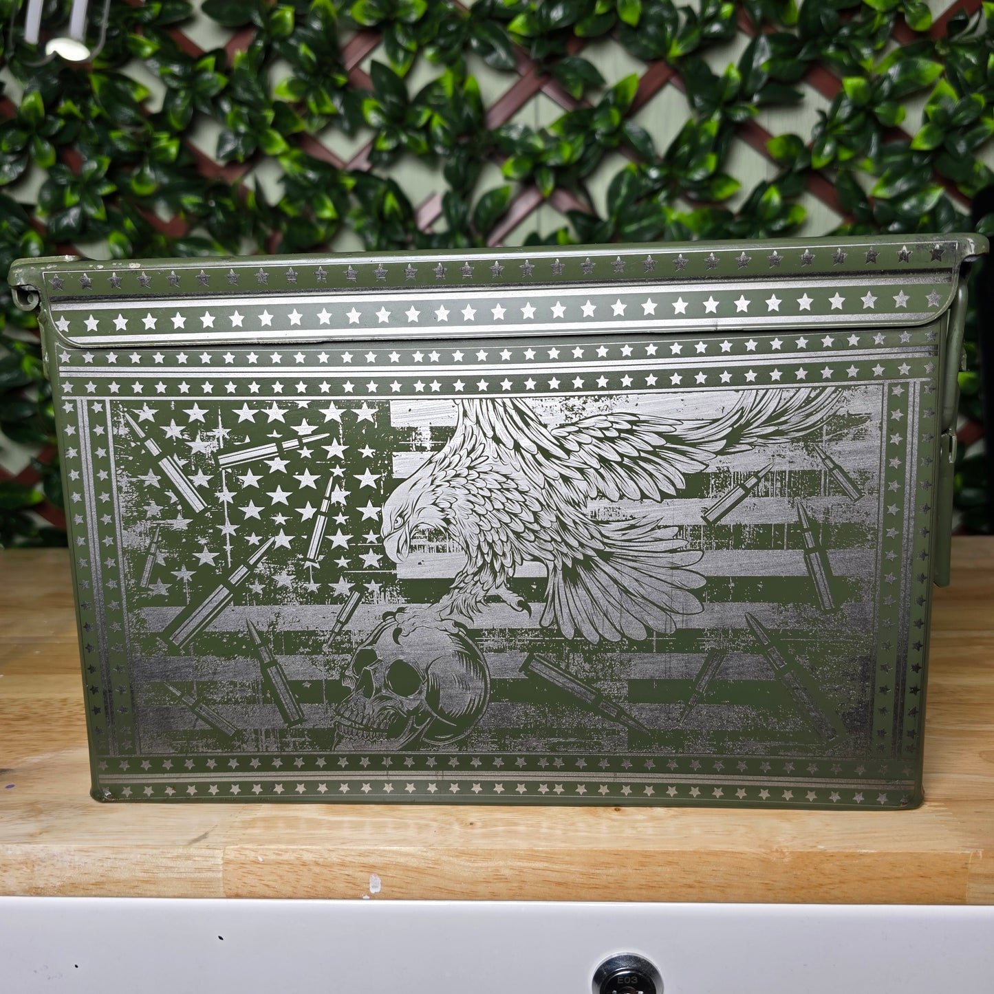 Eagle and skull engraved ammo can 50 cal