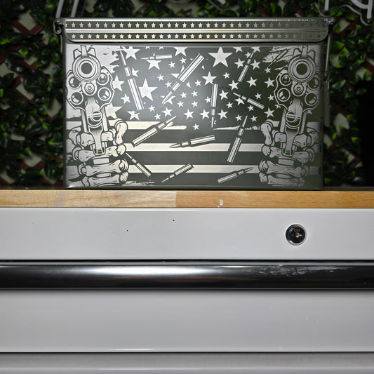 Skull and guns engraved ammo can 50 cal