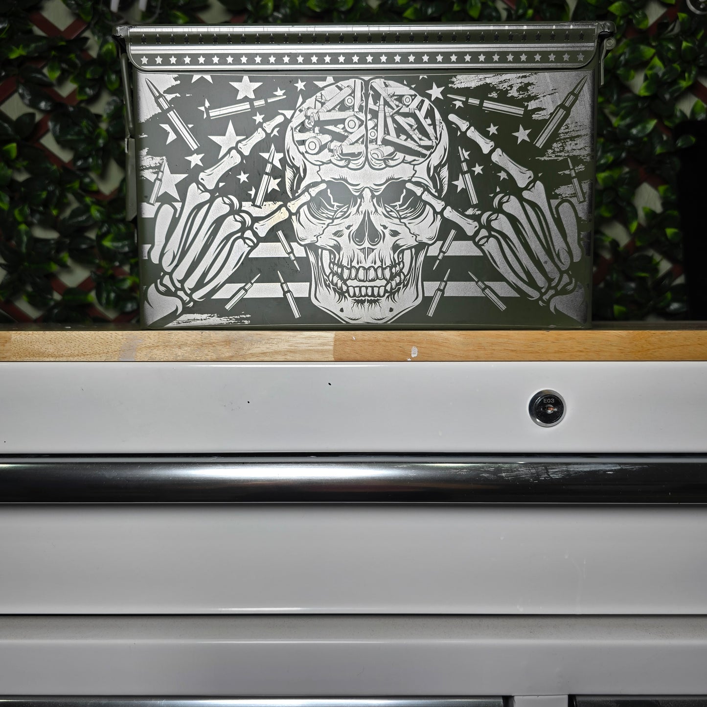 Skull and guns engraved ammo can 50 cal